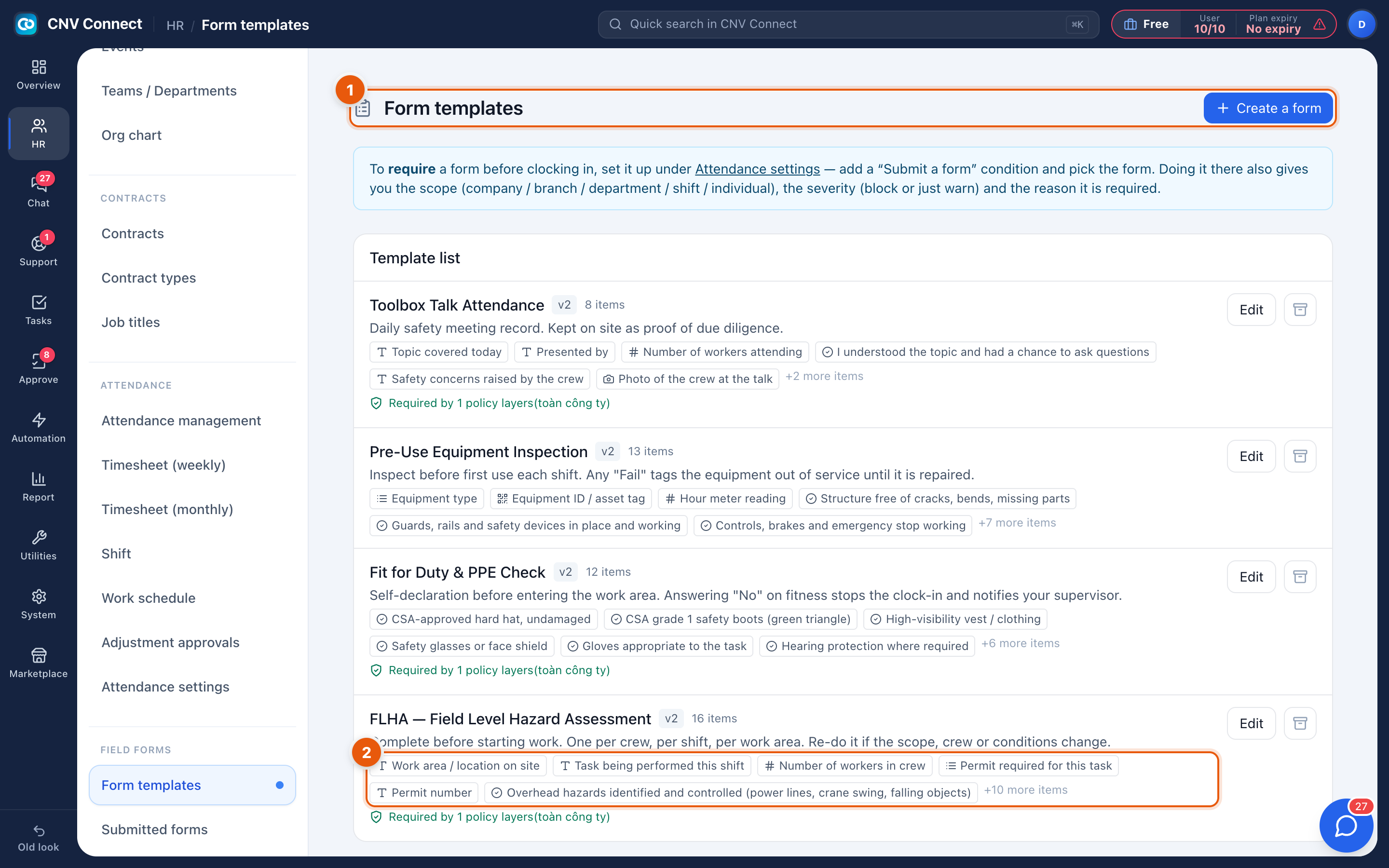 The form template list with the create button, the explanation banner and one template card expanded