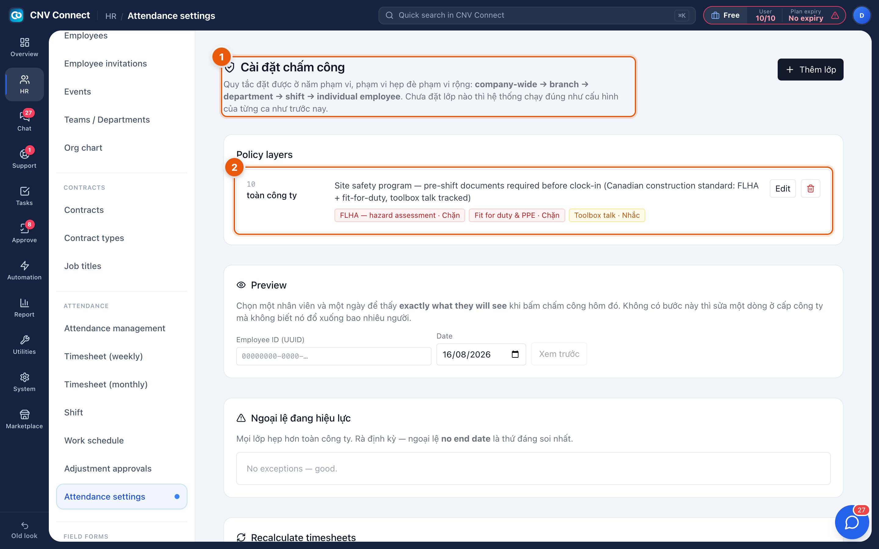 The attendance settings page with the scope explanation, the policy layer list, the preview tool and the exceptions panel