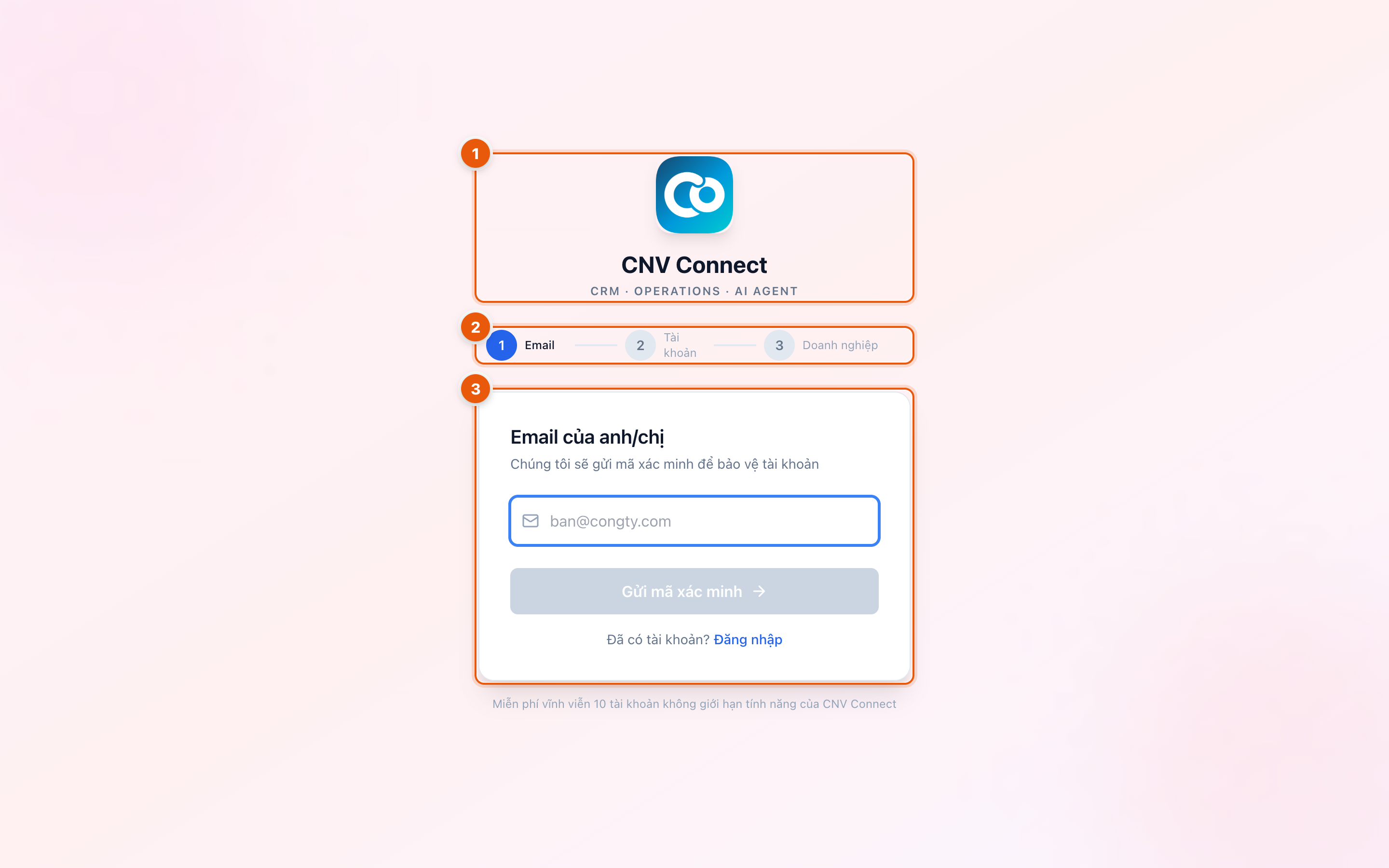 The CNV Connect sign-up screen, step one, asking for an e-mail address