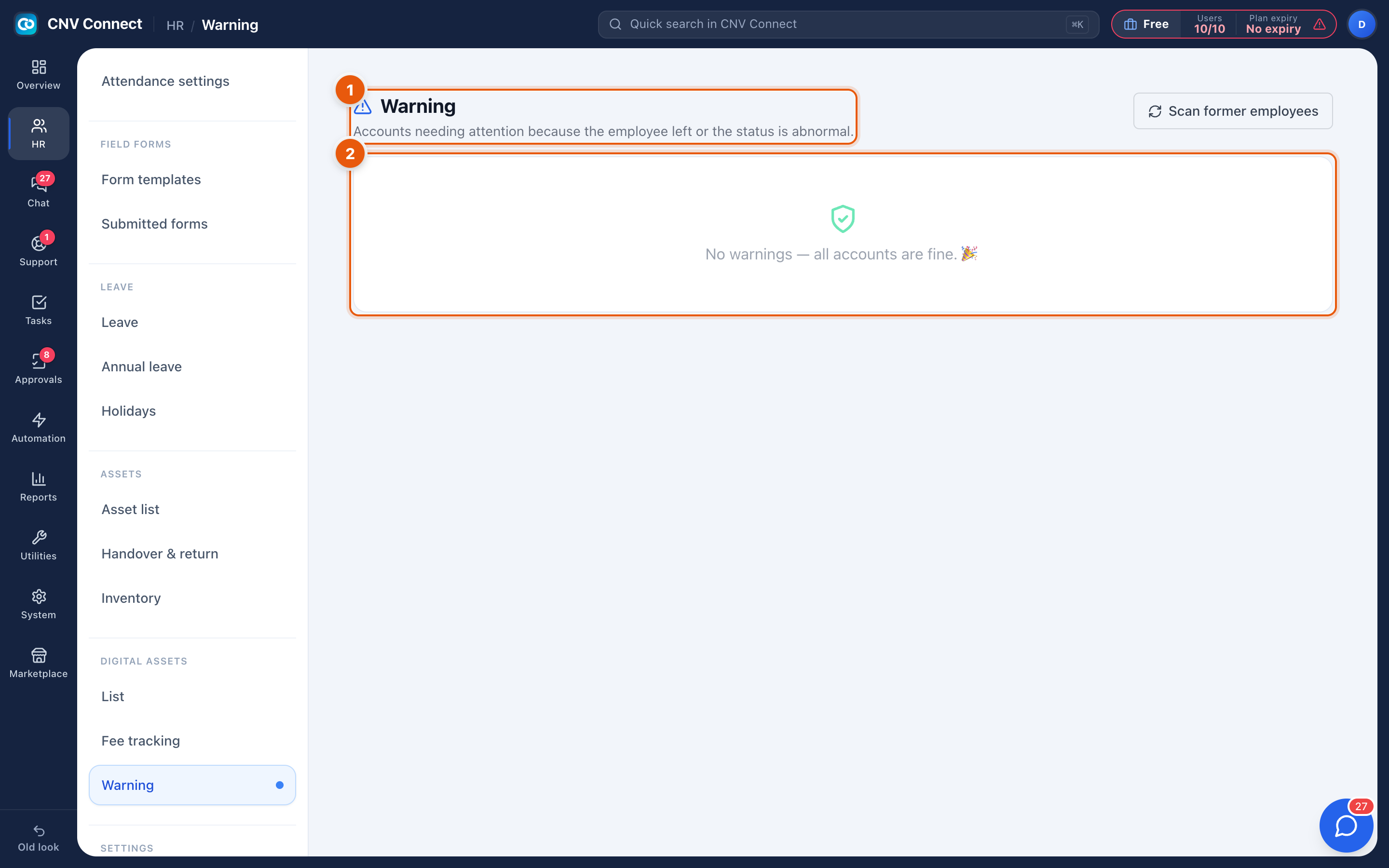 The digital asset alerts page with the scan button and the alert area