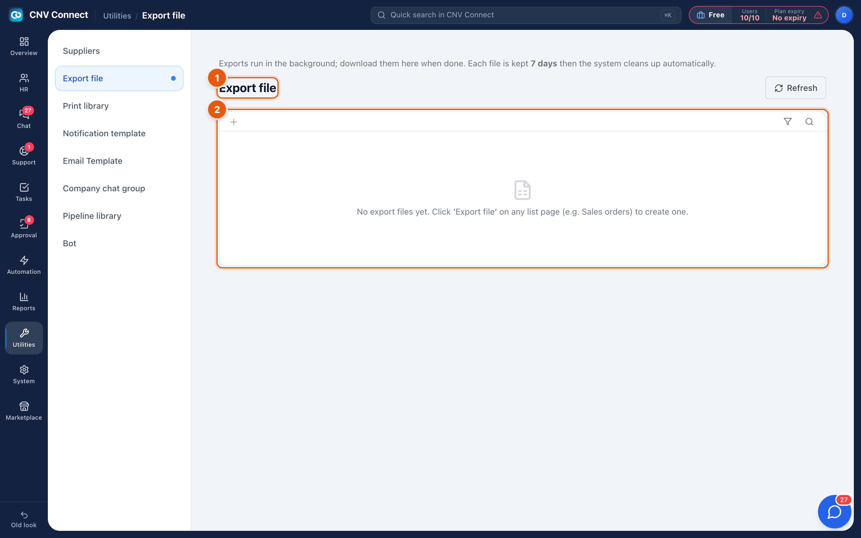 The export file page with the refresh button and the empty state