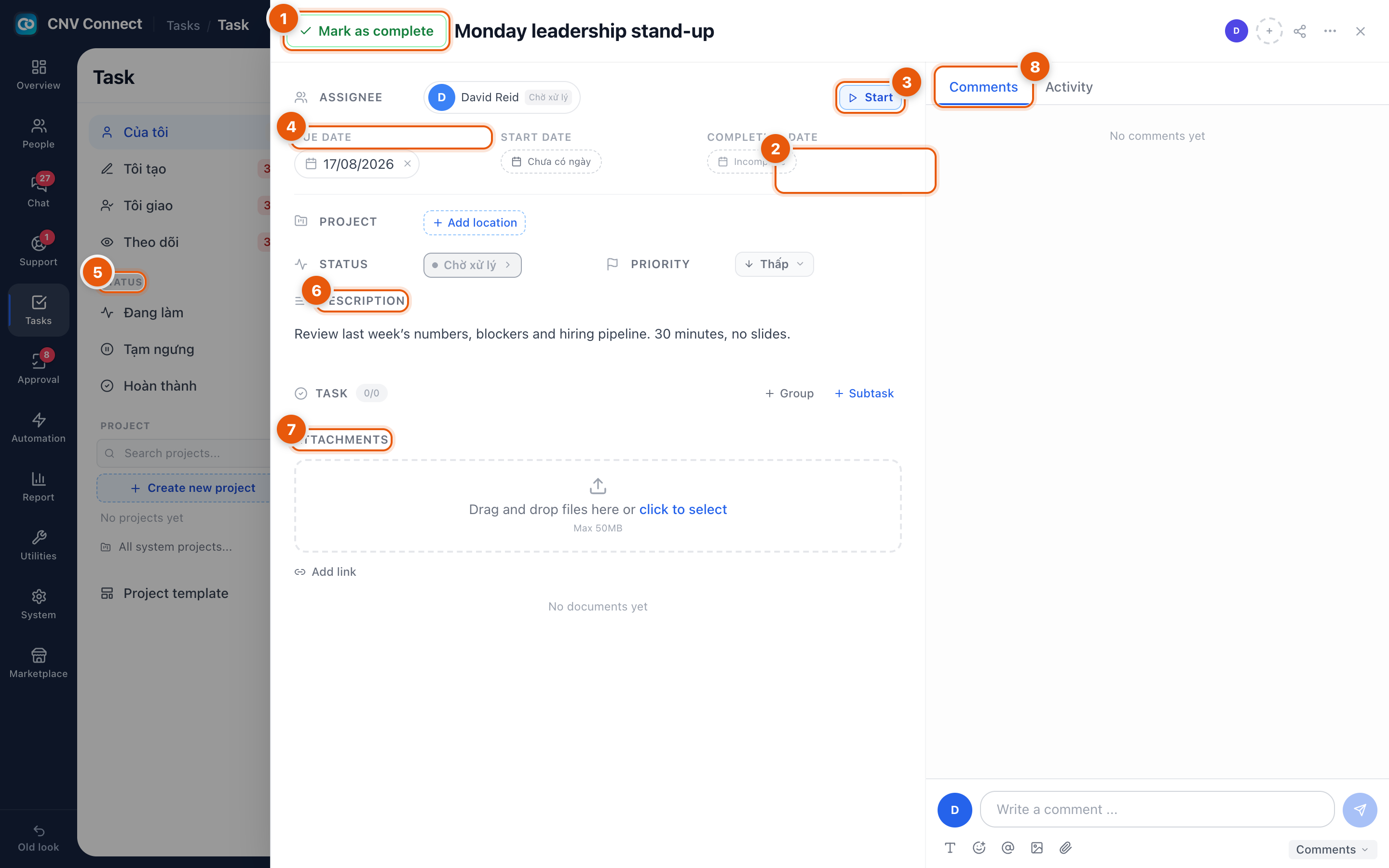 A task open in the side panel with the complete button, assignee, start button, dates, status, description, attachments and comments marked