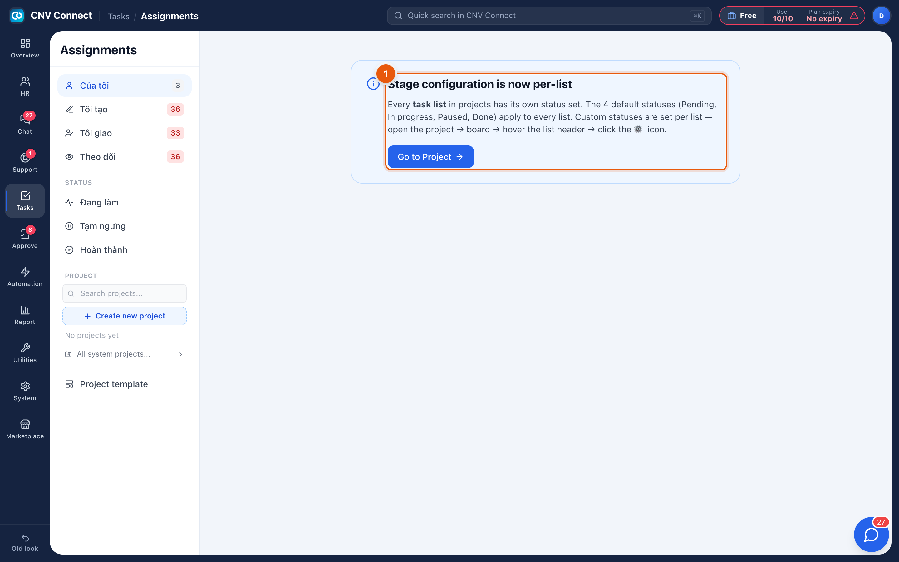 The stage configuration page explaining that stages are now configured per task list
