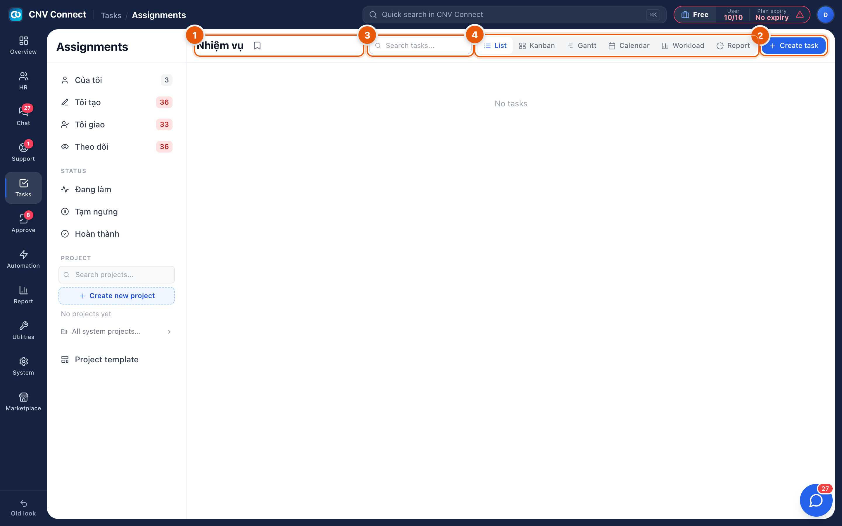 The task board view with the view switcher, search and create button