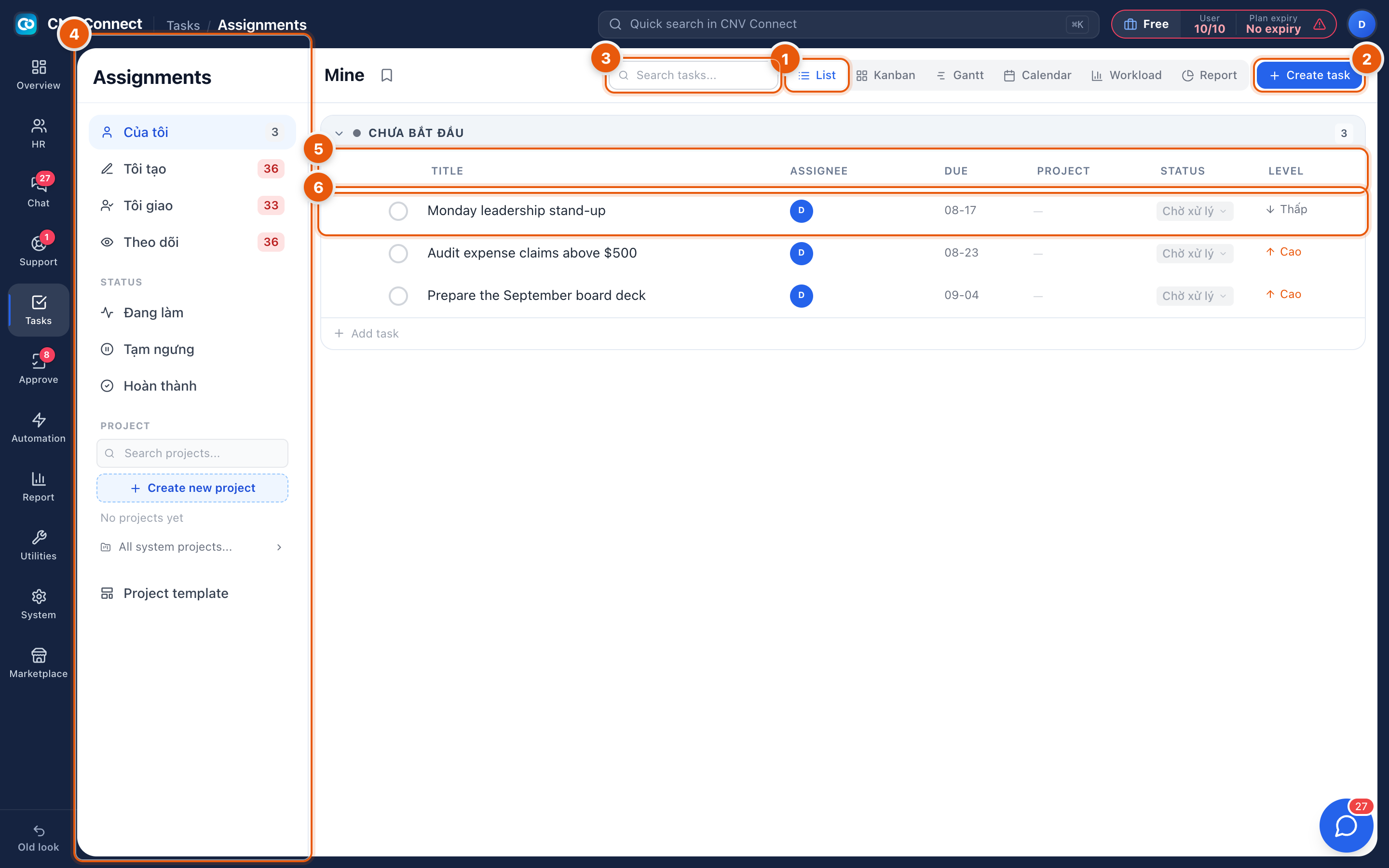 The task list with the view switcher, create button, search, filter sidebar, table columns and a task row