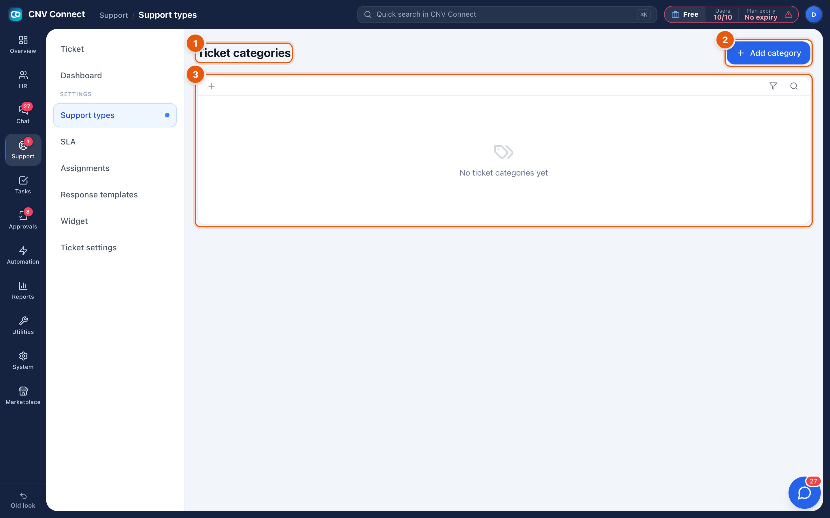The ticket categories page with the add button and the empty state