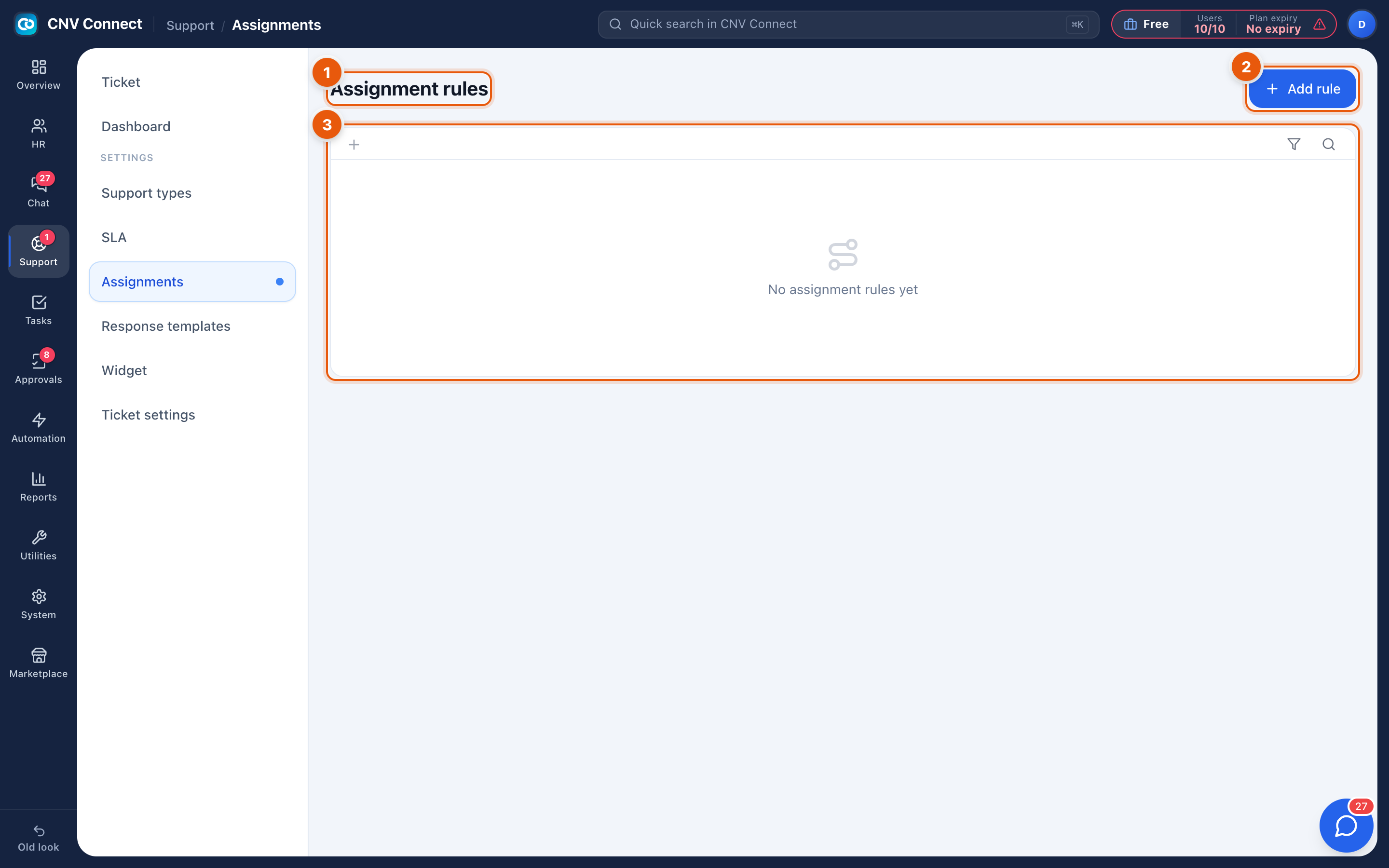 The assignment rules page with the add button and the empty state