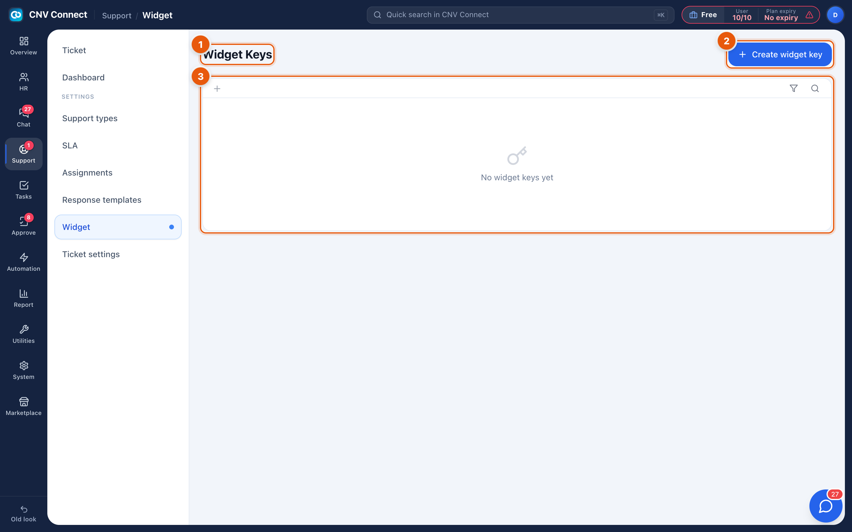 The widget keys page with the create button and the empty state