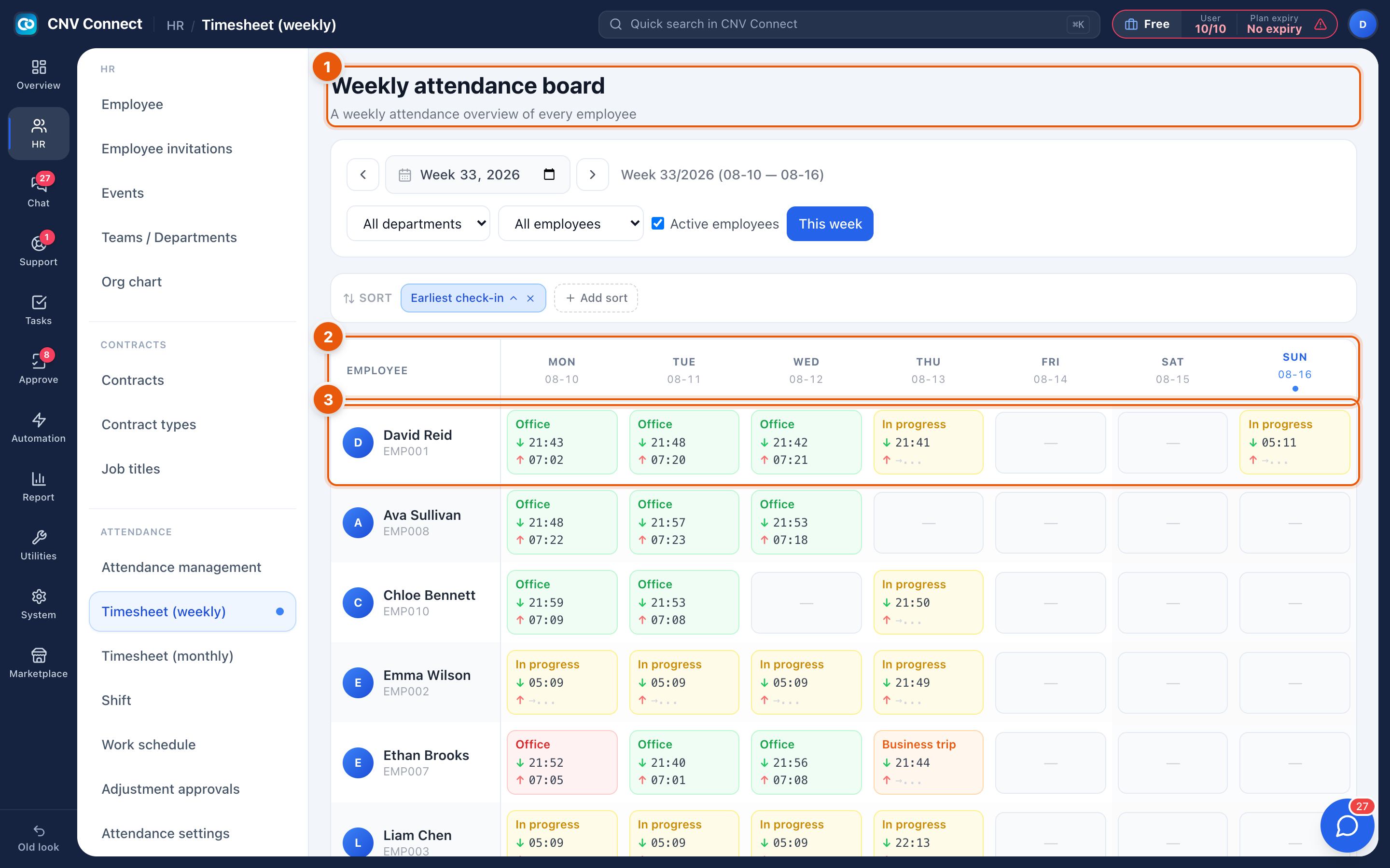 The weekly attendance board with the week picker, department and employee filters and the day grid
